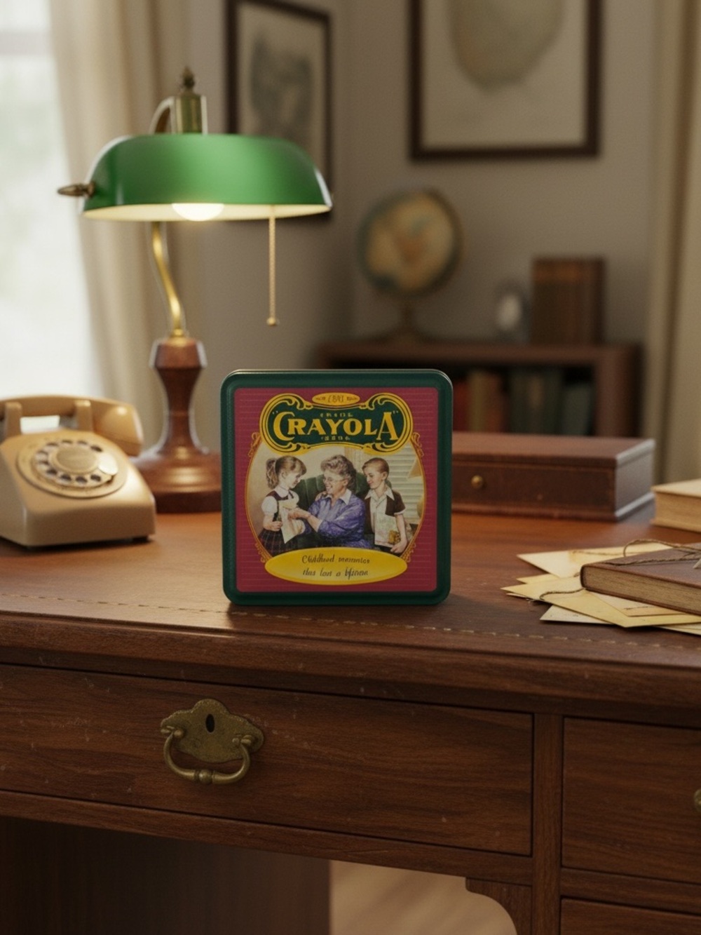 Crayola Vintage Keepsake Tin - Green & Burgundy includes 64 crayons.